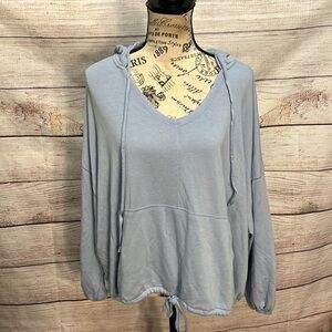 Aerie Cropped Hoodie Drawstring Hem V-neck Blue Lightweight Size Medium